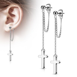 Boucles d'Oreilles Puces Acier Argenté – Chaînette & Pendentif Croix | Piercing Street