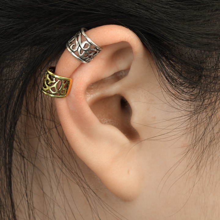 Ear Cuff Sans Piercing Laiton Argenté Antique – Filigrane Ajouré Large | Piercing Street