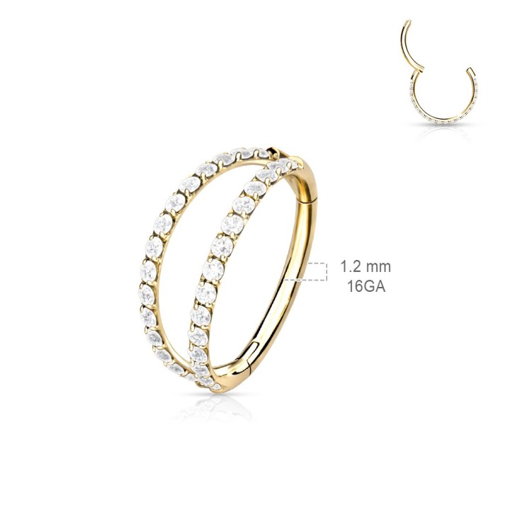 Piercing anneau oreille en titane doré double rangée de zircons - dimensions