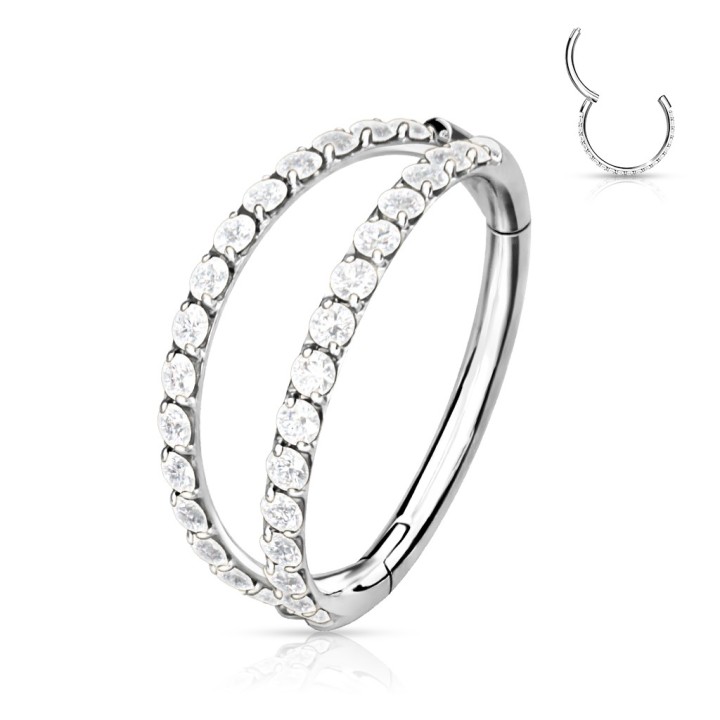 Anneau hélix et conch titane argenté – Double rangée de strass