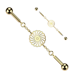 Piercing Industriel Barbell Doré PVD – Connecteur Tournesol & Chaînette | Piercing Street
