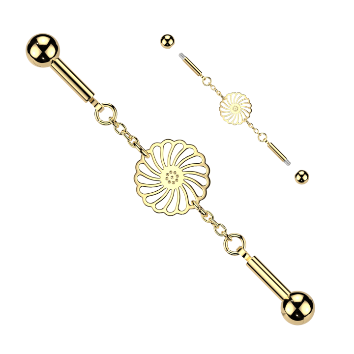 Piercing Industriel Barbell Doré PVD – Connecteur Tournesol & Chaînette | Piercing Street