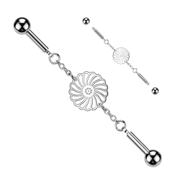Piercing Industriel Barbell Argenté – Connecteur Tournesol & Chaînette | Piercing Street