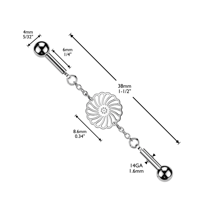 Barbell industrielle pour l'oreille motif tournesol - dimensions