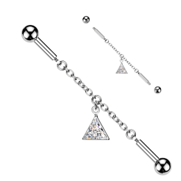 Piercing Industriel Barbell Argenté – Connecteur Triangle Zircon & Chaînette | Piercing Street