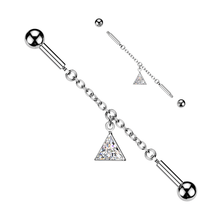 Piercing Industriel Barbell Argenté – Connecteur Triangle Zircon & Chaînette | Piercing Street