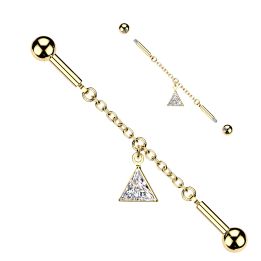 Piercing Industriel Barbell Doré PVD – Connecteur Triangle Zircon & Chaînette | Piercing Street