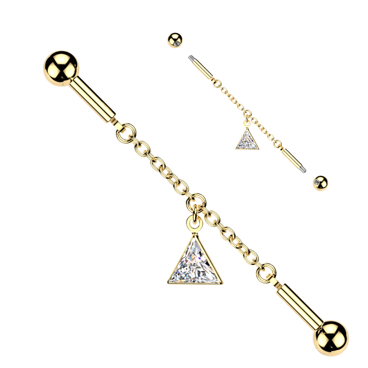Piercing Industriel Barbell Doré PVD – Connecteur Triangle Zircon & Chaînette | Piercing Street