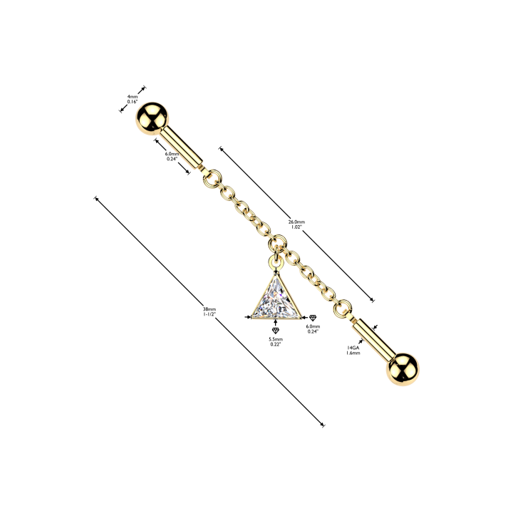 Dimensions du piercing industriel en acier doré serti d'un zircon triangle