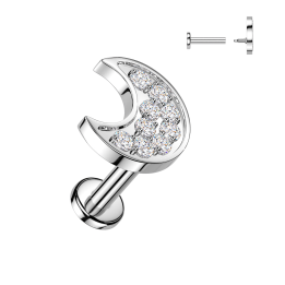 Piercing Oreille Labret Acier 316L Argenté – Croissant de Lune Pavé Zircons | Piercing Street