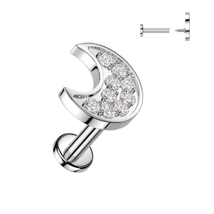 Piercing Oreille Labret Acier 316L Argenté – Croissant de Lune Pavé Zircons | Piercing Street
