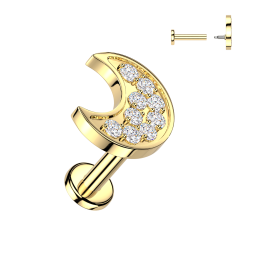 Piercing Oreille Labret Acier 316L Doré PVD – Croissant de Lune Pavé Zircons | Piercing Street
