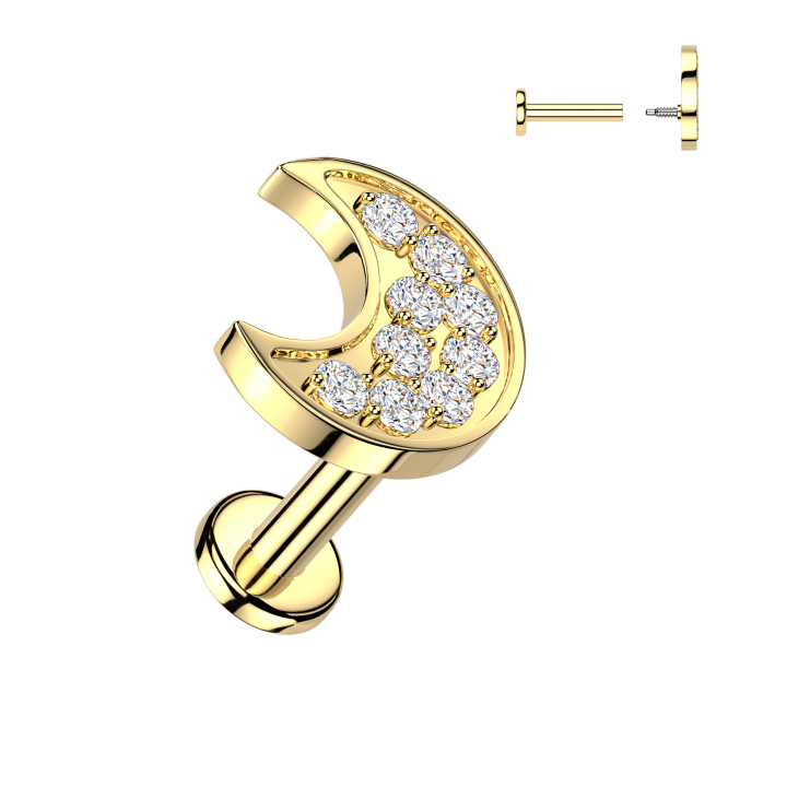 Piercing Oreille Labret Acier 316L Doré PVD – Croissant de Lune Pavé Zircons | Piercing Street