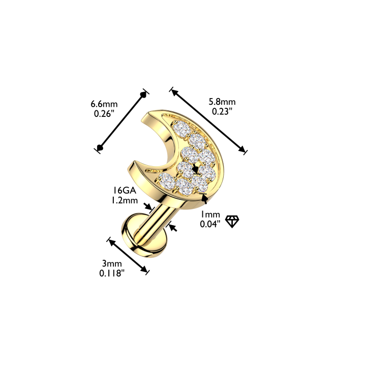 Piercing oreille en acier chirurgical avec décoration lune pavée - dimensions