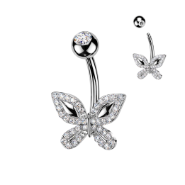 Piercing Nombril Acier 316L Argenté – Papillon Pavé Zircons Blancs | Piercing Street
