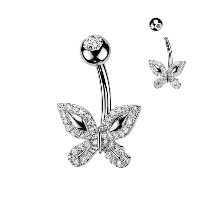 Piercing Nombril Acier 316L Argenté – Papillon Pavé Zircons Blancs | Piercing Street