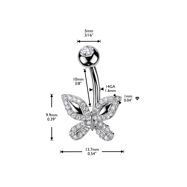 Piercing de nombril en acier en forme de papillon serti de strass - dimensions