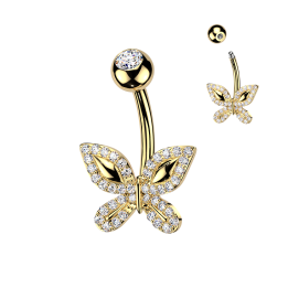 Piercing Nombril Acier 316L Doré PVD – Papillon Pavé Zircons Blancs | Piercing Street