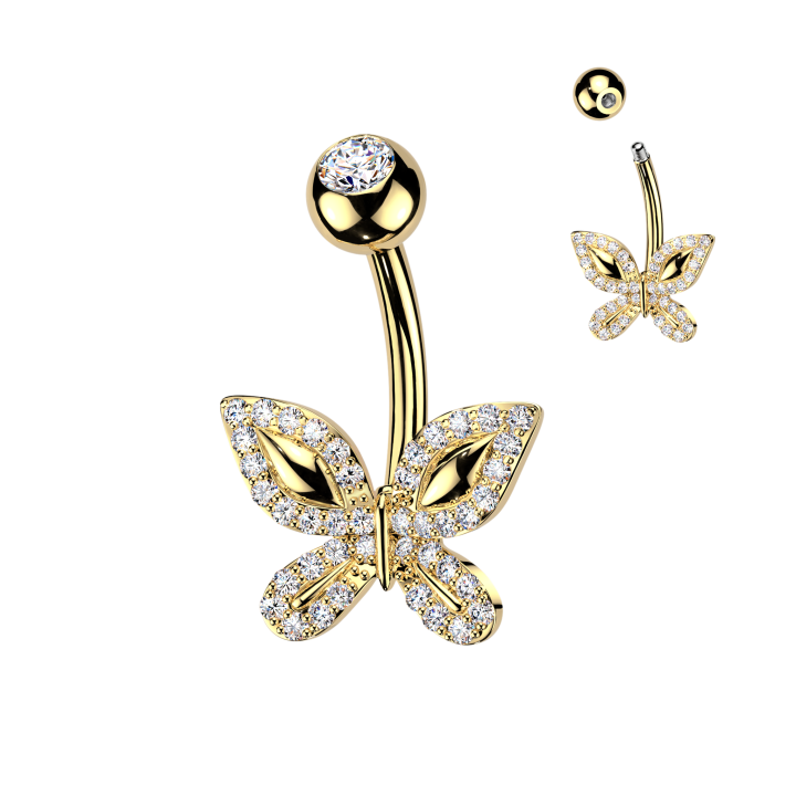 Piercing Nombril Acier 316L Doré PVD – Papillon Pavé Zircons Blancs | Piercing Street