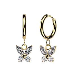 Boucles d'Oreilles Huggie Acier Doré PVD – Pendentif Papillon Zircons Marquise & Ronds | Piercing Street