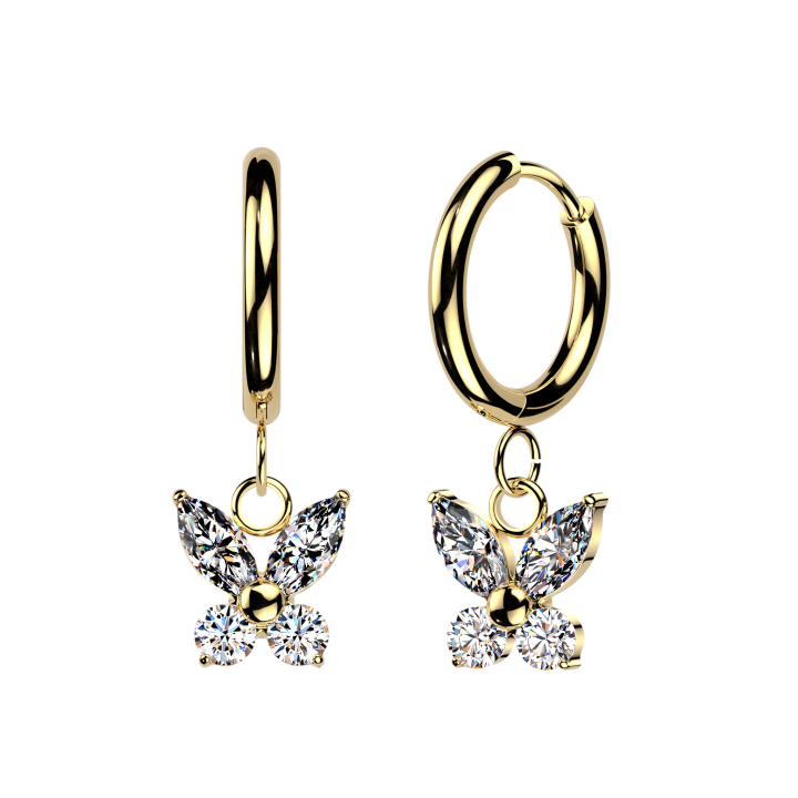 Boucles d'Oreilles Huggie Acier Doré PVD – Pendentif Papillon Zircons Marquise & Ronds | Piercing Street