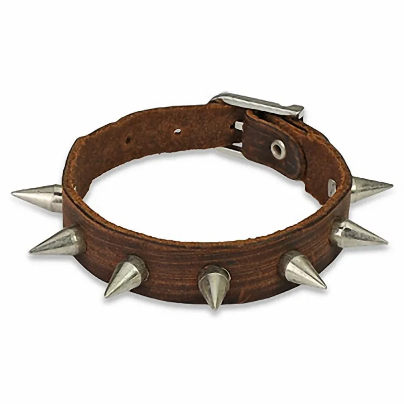 Bracelet cuir marron multi spikes