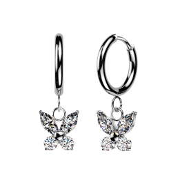 Boucles d'Oreilles Huggie Acier Argenté – Pendentif Papillon Zircons Marquise & Ronds | Piercing Street