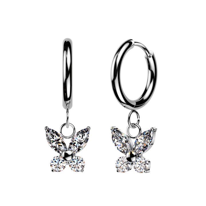 Boucles d'Oreilles Huggie Acier Argenté – Pendentif Papillon Zircons Marquise & Ronds | Piercing Street