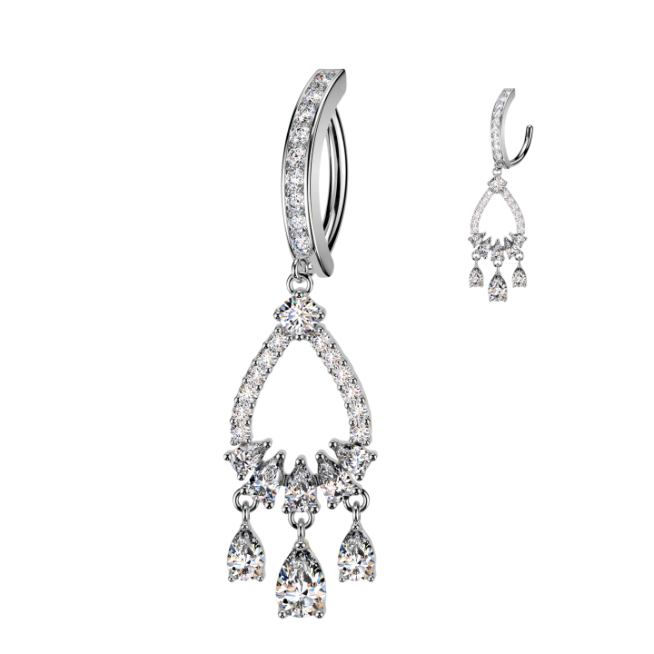 Piercing Nombril Anneau Clicker Pavé Argenté – Pendentif Chandelier Larme Zircons | Piercing Street