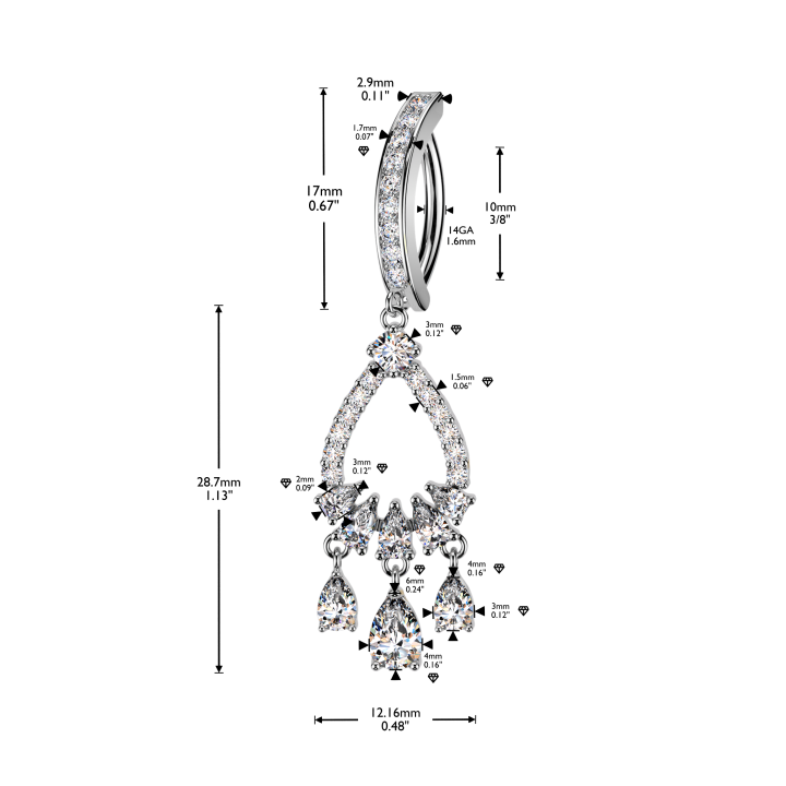 Dimensions du piercing nombril clicker pendentif chandelier en acier chirurgical