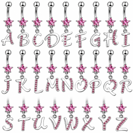 Piercing nombril pendentif lettre initiale avec étoile rose en acier