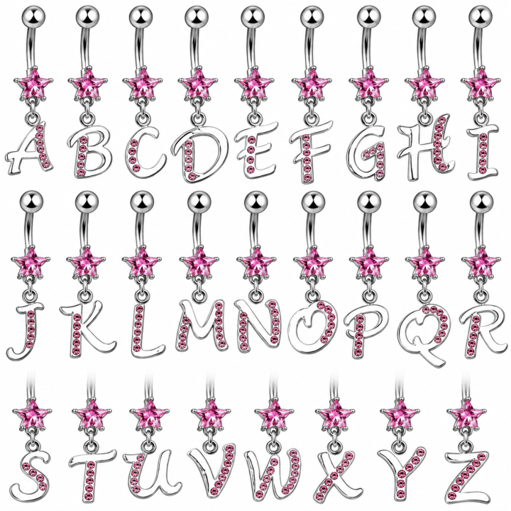 Piercing nombril pendentif lettre initiale avec étoile rose en acier