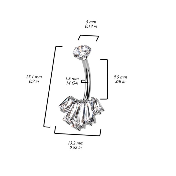 Piercing nombril acier éventail zircons baguette - Dimensions