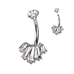 Piercing Nombril Acier 316L Argenté – Éventail 5 Zircons Baguette | Piercing Street