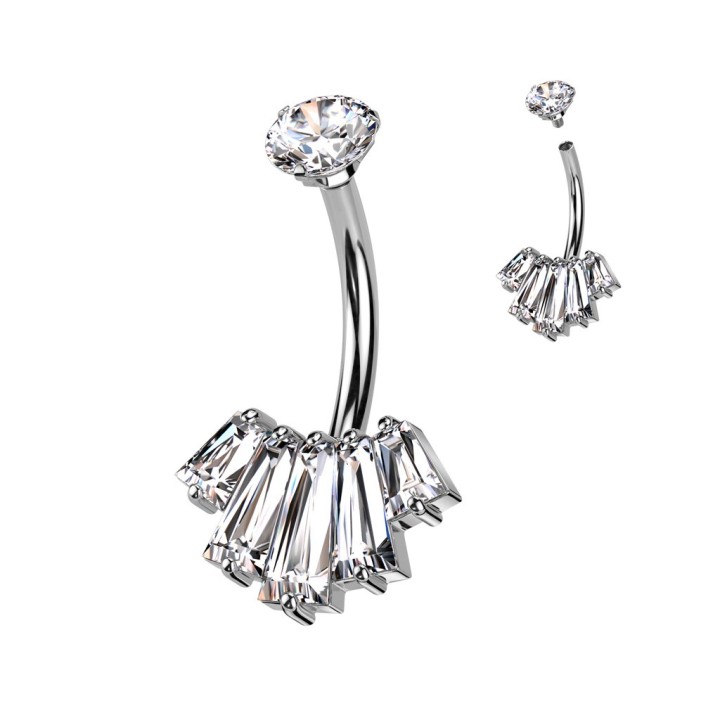 Piercing Nombril Acier 316L Argenté – Éventail 5 Zircons Baguette | Piercing Street