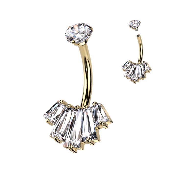 Piercing Nombril Acier 316L Doré PVD – Éventail 5 Zircons Baguette | Piercing Street