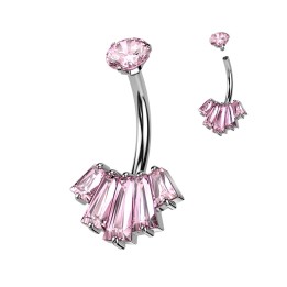 Piercing Nombril Acier 316L Argenté – Éventail 5 Zircons Baguette Roses | Piercing Street