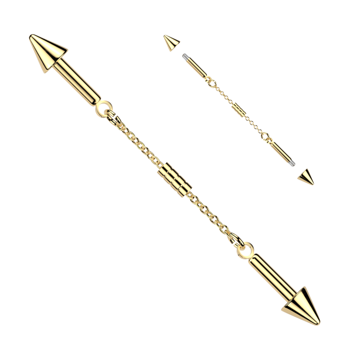 Piercing Industriel Barbell Doré PVD – Connecteur Chaînette & Embouts Pointe | Piercing Street