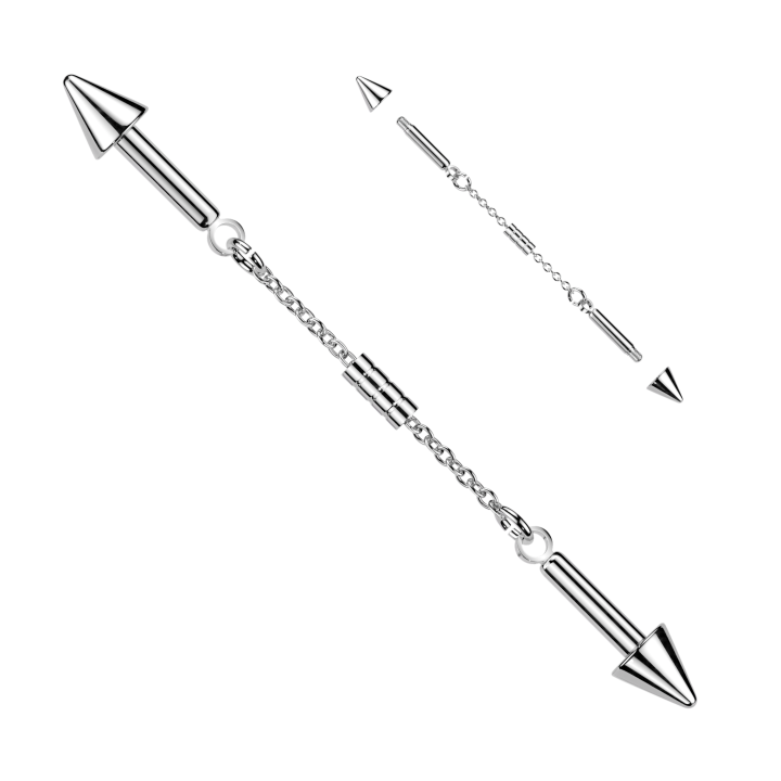 Piercing Industriel Barbell Argenté – Connecteur Chaînette & Embouts Pointe | Piercing Street