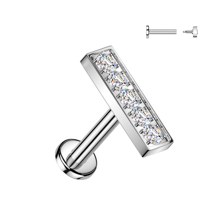 Piercing Oreille Labret Acier 316L Argenté – Barre 5 Zircons Sertis | Piercing Street