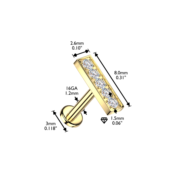 Piercing labret pour l'hélix en acier chirurgical doré avec barre de zircons - dimensions