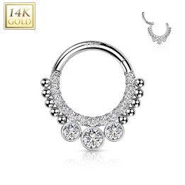 Piercing Oreille Anneau Clicker Or Blanc 14K – Pavé Zircons & 3 Zircons Chaton | Piercing Street