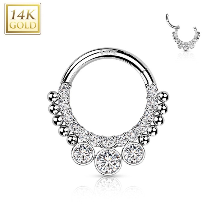 Piercing Oreille Anneau Clicker Or Blanc 14K – Pavé Zircons & 3 Zircons Chaton | Piercing Street