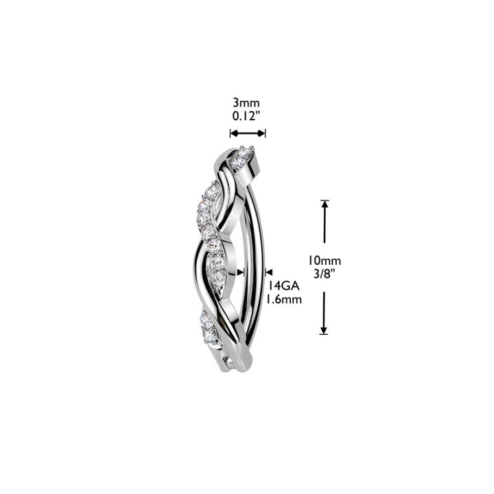 Piercing nombril clicker en acier chirurgical motif torsadé et zircons - dimensions