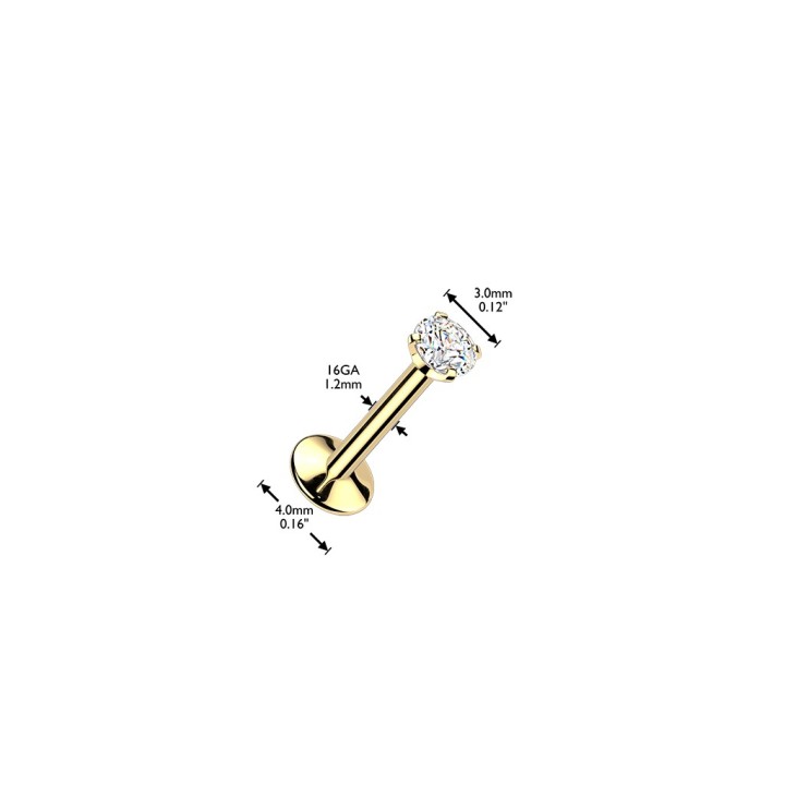 Piercing oreille titane ASTM F136 doré 24K zircons chaton - dimensions