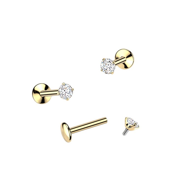 Piercing oreille titane ASTM F136 doré 24K zircons chaton - différentes tailles