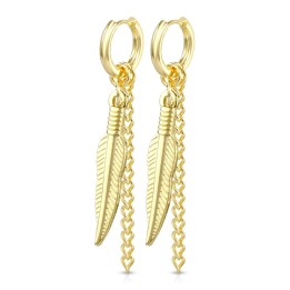 Boucles d'Oreilles Créoles Clicker Acier Doré PVD – Pendentif Plume & Chaînette | Piercing Street