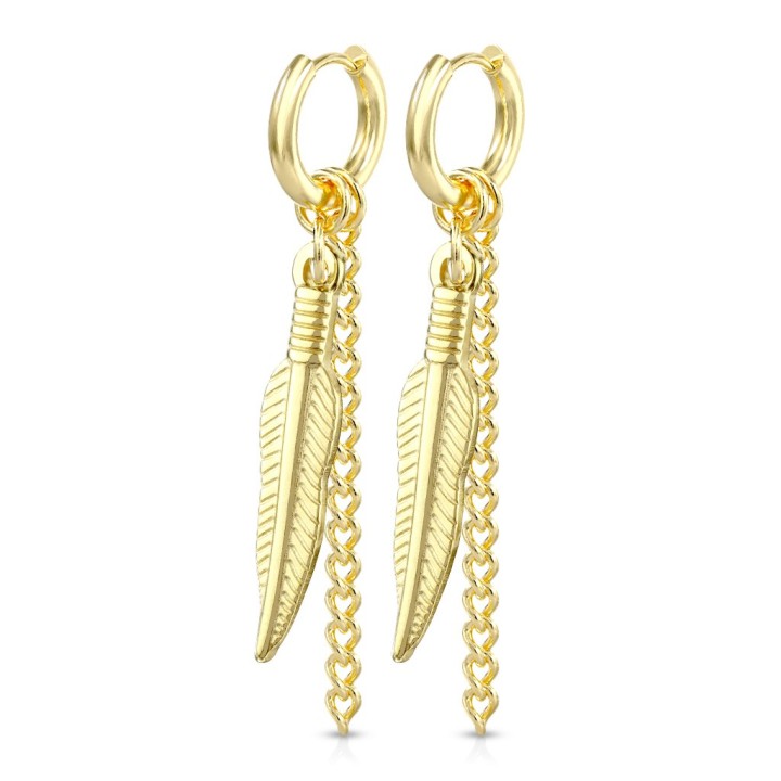 Boucles d'Oreilles Créoles Clicker Acier Doré PVD – Pendentif Plume & Chaînette | Piercing Street