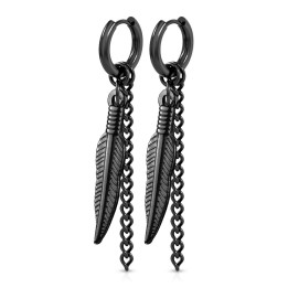 Boucles d'Oreilles Créoles Clicker Acier Noir PVD – Pendentif Plume & Chaînette | Piercing Street