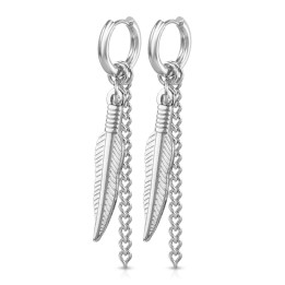 Boucles d'Oreilles Créoles Clicker Acier Argenté – Pendentif Plume & Chaînette | Piercing Street